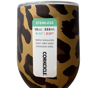 Corkcicle Luxe Leopard 12 oz Stemless Wine Tumbler Cup With Lid Stainless Steel